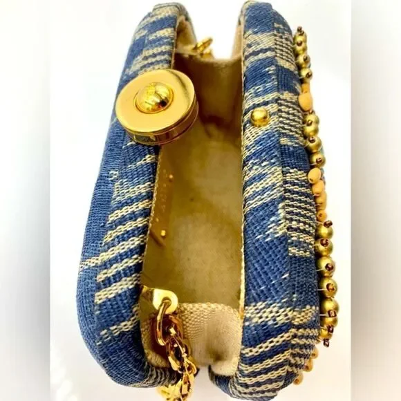 Auth Rafe Minaudière Beaded Boho Canvas Box Clutch Gold-Tone Chainlink Strap - Picture 14 of 15